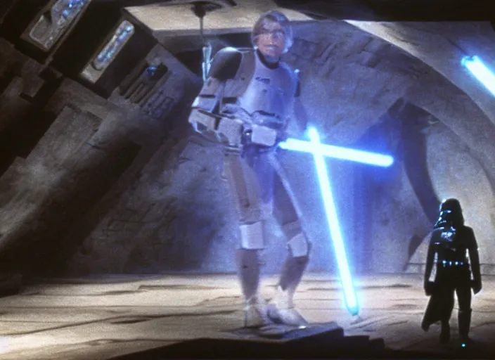 Image similar to screenshot from the lost star wars film, blue transparent hologram of Luke Skywalker, iconic scene from the lost Star Wars film, Remnants Of the Empire, 1990 directed by Stanely Kubrick, moody cinematography, with anamorphic lenses, crisp, detailed, 4k