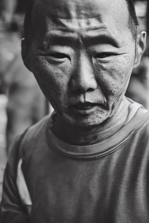 Prompt: portrait Sangoku as a real human, photojournalism street photography, 50mm lens