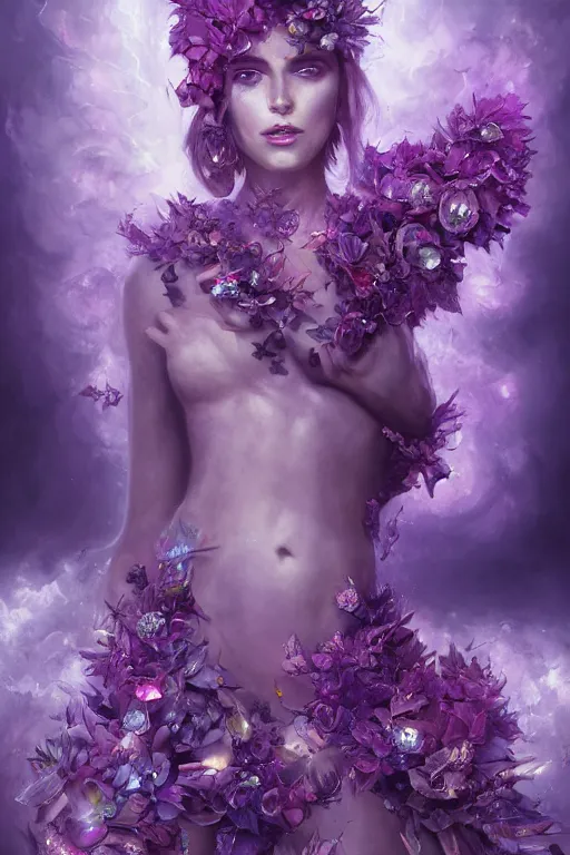 Prompt: torso closeup model wearing demonic crystal dress in purple flowers, sorcerer, diamonds, angel, fantasy, dramatic lighting, highly detailed, digital painting, holding electricity, magic the gathering, hyper detailed, 3 d render, hyper realistic detailed portrait, peter mohrbacher, wlop, ruan jia