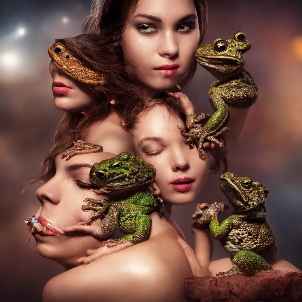 Image similar to a high-resolution color-chrome extreme closeup portrait photo of a beautiful princess kissing a toad, rococo Queen, sci-fi, high-tech, beautiful low light, style Steve McCurry Octane render 8k