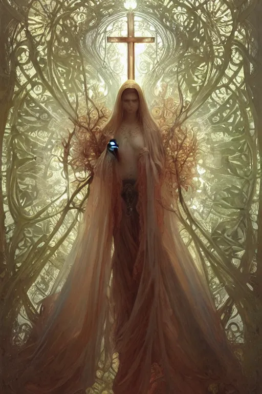 Image similar to a full body portrait of a beautiful ethereal delicate arborial mage queen meditative sacral pose catholic stages of the cross, intricate, elegant, highly detailed, digital painting, artstation, concept art, smooth, sharp focus, illustration, art by krenz cushart and artem demura and alphonse mucha