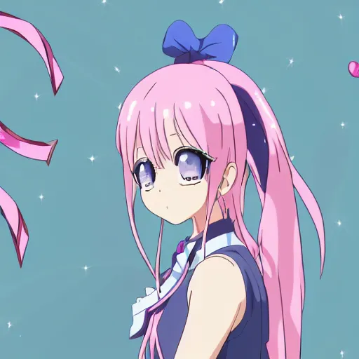 Image similar to pink - haired girl with blue ribbons in her hair, anime, kyoto animation, magical, sharp