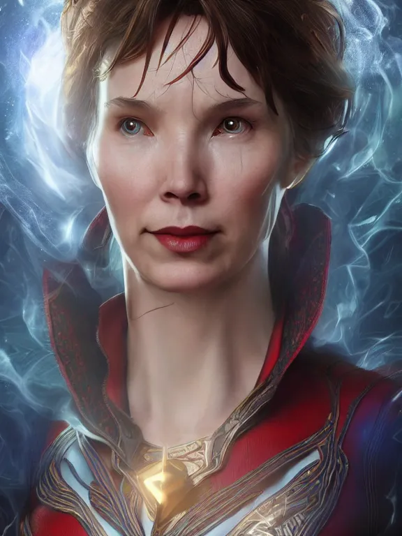 Image similar to female doctor strange, au naturel, hyper detailed, digital art, trending in artstation, cinematic lighting, studio quality, smooth render, unreal engine 5 rendered, octane rendered, art style by klimt and nixeu and ian sprigger and wlop and krenz cushart