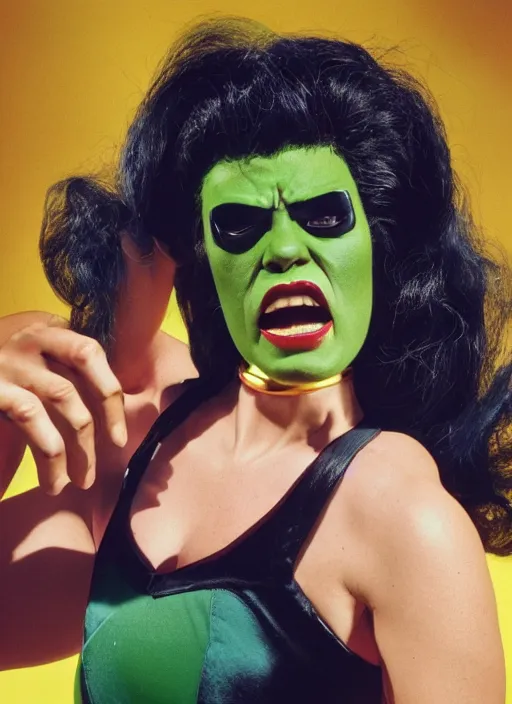 Prompt: a color photo portrait of she hulk in la wearing 6 0's fashion by tim walker, dramatic lighting, 7 5 mm lens, sharp focus.