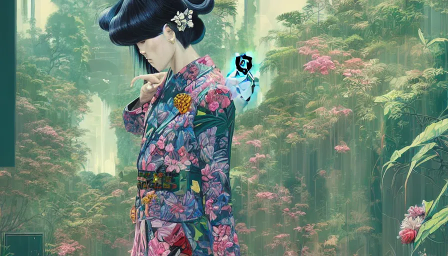 Image similar to a digital painting of a woman wearing gucci exploring a magical japanese temple, lush plants and flowers, eco - cyberpunk art by james jean, cgsociety, retrofuturism, anime aesthetic, chromatic, iridescent, uhd