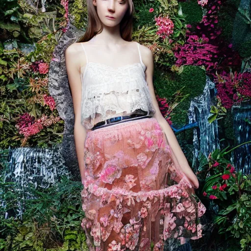 Prompt: cute cybernetically - enhanced young model in nature wearing valentino 2 0 1 6 spring floral lace patterned sheer skirt lounging by a mystical holo waterfall, wide - shot