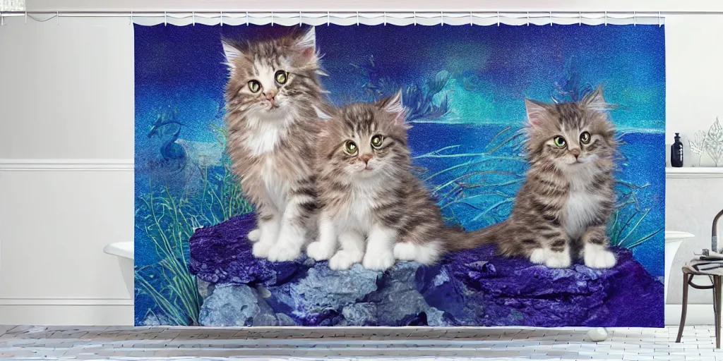 Image similar to a ( ( main coon kitten ) ) little mermaid themed shower curtain, shower curtain product photography. digital art. 4 k, highly detailed. saturated.