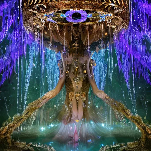 Image similar to under an intricate like jewels epic forest suspended in the air upside down, a pool with intricate and surreal epic circles of water within which float phantasmagoric robotic humanoids, dressed in intricate veils and jewels, epic environment, matte painting, diffused lighting, highly detailed, cinematic, epic atmosphere, digital art, trending on artstation, depth of field, wide angle