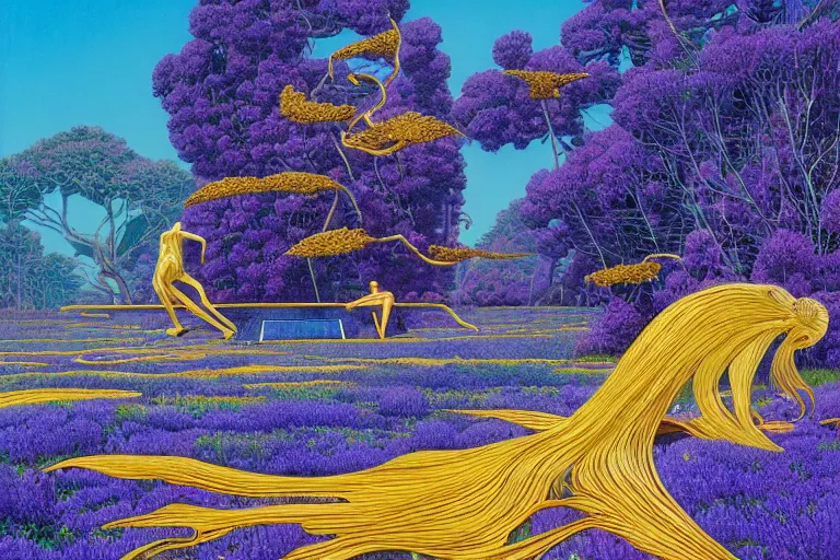 Image similar to evangelionic illustration, a lot of exotic deep blue vegetation, tall thin lavender trees, tremendous pleasure, gold iridescent flowers, oldschool vintage sci - fi flat surreal design, super - detailed, digital oil painting by moebius, hd, 4 k, high quality