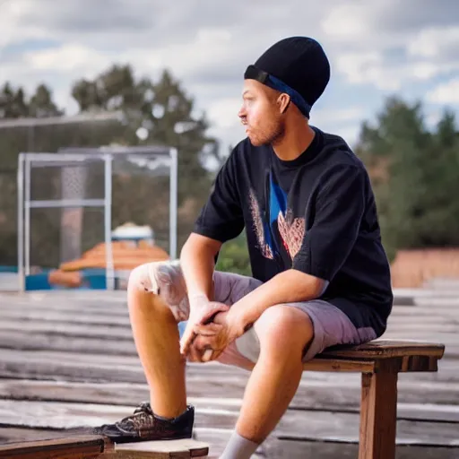 Image similar to photograph of a young man with a backward hat sitting on outdoor wooden bleachers next to a radio