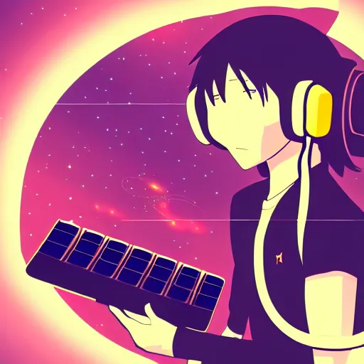 Prompt: anime astronaut with headphone playing keyboard in the space only wallpaper aesthetic, vintage retro colors, beautiful
