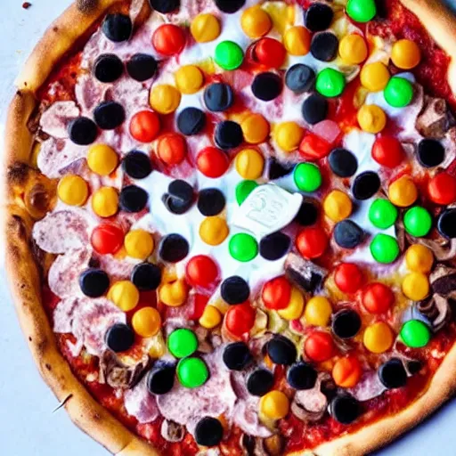 Prompt: pizza with nutella, skittles, gummi bears, and candy toppings, whipped cream