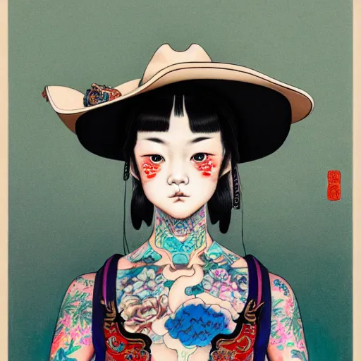 Image similar to full view of a girl from the qing dynasty with tattoos, wearing a cowboy hat, style of yoshii chie and hikari shimoda and martine johanna, highly detailed