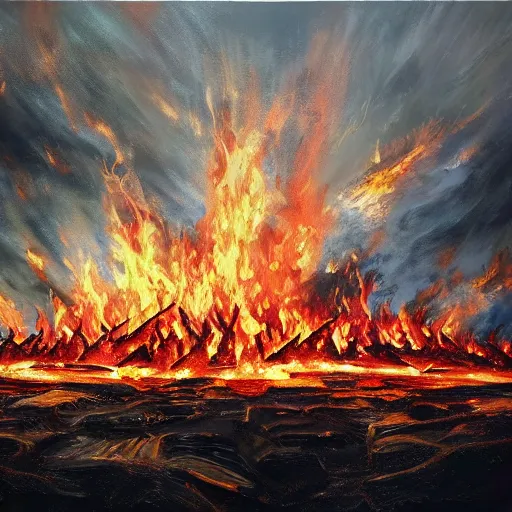 Image similar to hyper realistic oil painting of 10 thousand swords in a huge fire with embers rising up and war in the background