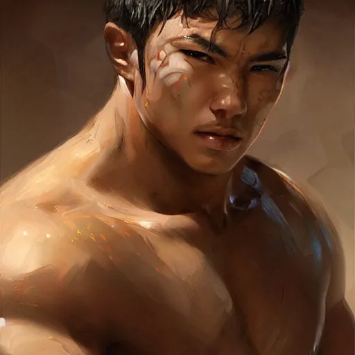 Image similar to Gladiator, muscular, asian, handsome, detailed face, correct face, painting by wlop