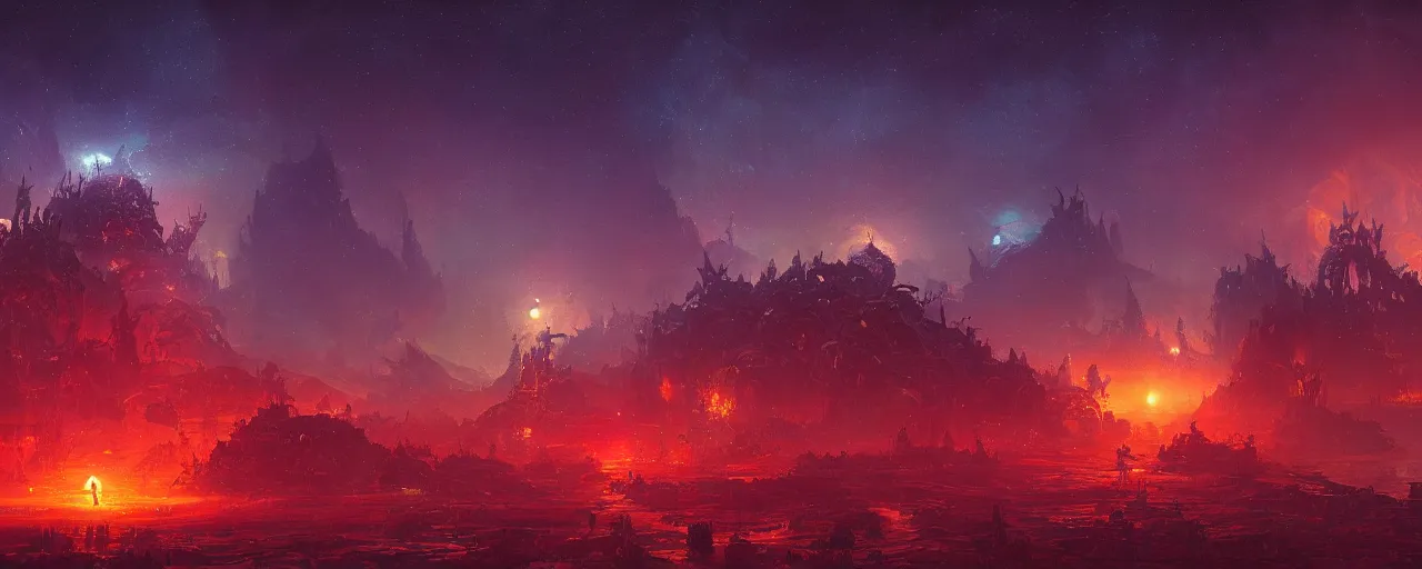 Image similar to ” otherwordly landscape at night, [ bioluminescense, cinematic, detailed, epic, widescreen, opening, establishing, mattepainting, photorealistic, realistic textures, octane render, art by slop and paul lehr ] ”