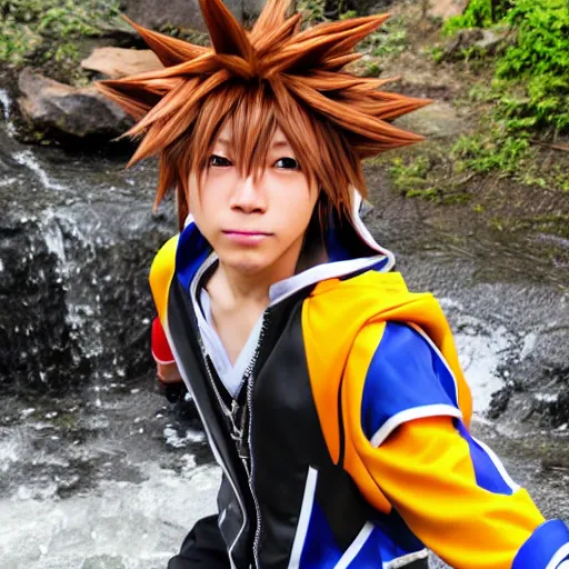 Image similar to kingdom hearts sora cosplay near waterfall photo photography low angle detailed face 85mm