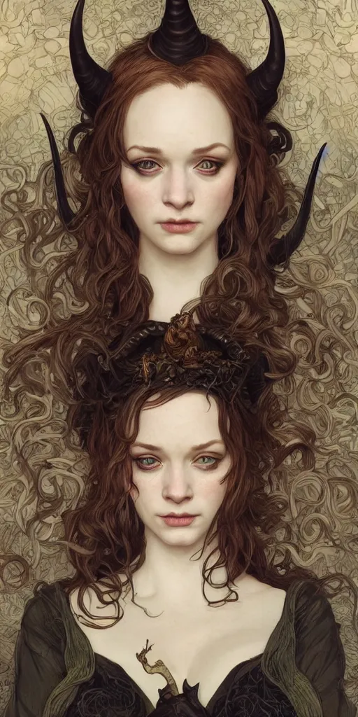 Image similar to a beautiful illustration of a witch with horns in head, young christina hendricks, intricate, sharp focus, illustration, highly detailed, digital painting, concept art, matte, art by wlop and artgerm and greg rutkowski and alphonse mucha, masterpiece