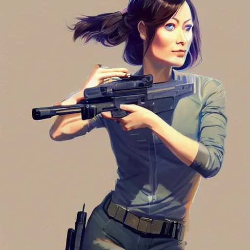 Prompt: olivia wilde holding a blaster, very very anime!!!, fine - face, realistic shaded perfect face, fine details. anime. realistic shaded lighting poster by ilya kuvshinov katsuhiro otomo ghost - in - the - shell, magali villeneuve, artgerm, jeremy lipkin and michael garmash and rob rey