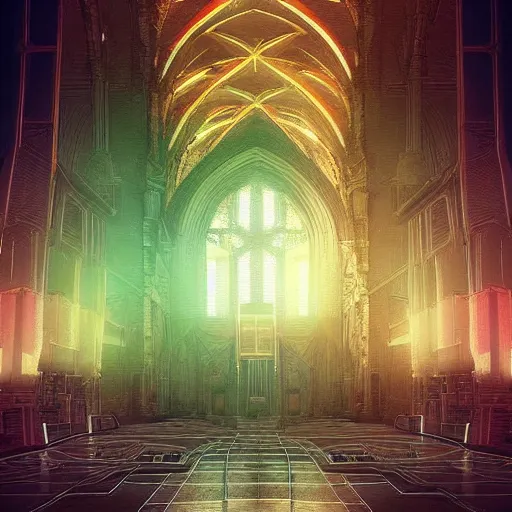 Image similar to “ inside a cathedral, cyberpunk art by vincent lefevre, behance contest winner, altermodern, cityscape, synthwave, matte painting ”