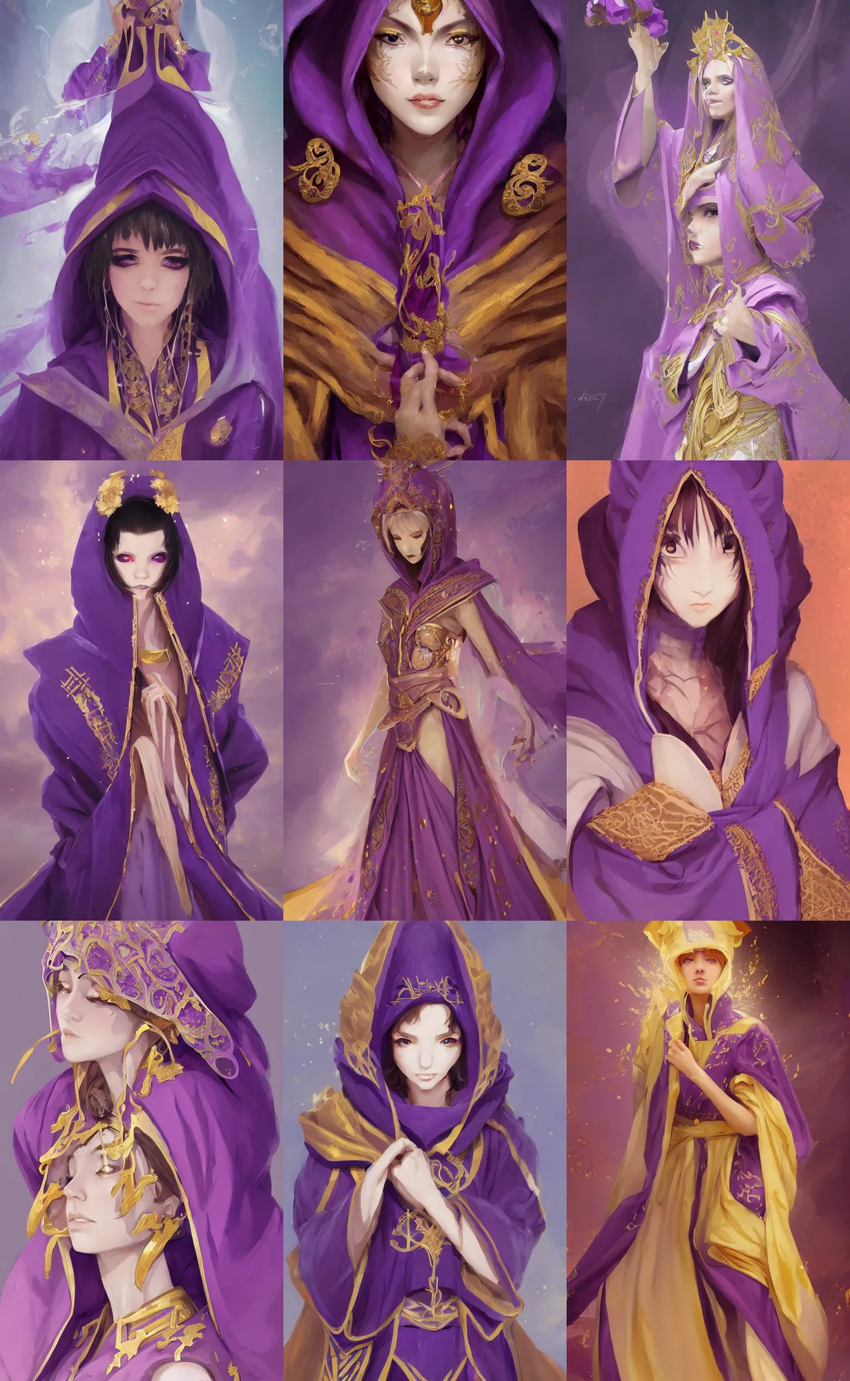 Prompt: A beautiful digital painting of a beautiful young woman dressed in purple ceremonial robes and hood with gold accents, anime, visualartzi, Janapese, concept art by Karla Ortiz, James Paick, Charlie Bowater, Krenz Cushart, Stanley Artgerm Lau, WLOP, Rossdraws, James Jean, Andrei Riabovitchev, Marc Simonetti, and Sakimichan, trending on artstation
