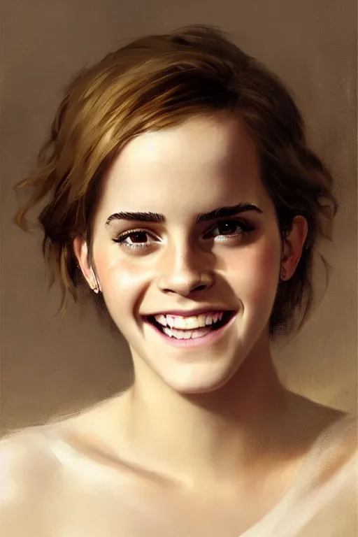 Image similar to emma watson smiling gathered faille v - neck detailed portrait painting by gaston bussiere craig mullins j. c. leyendecker photograph photorealsitic octane render