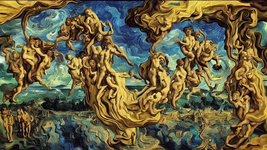 Image similar to divine moment , 4K, Rococo & Precisionism, colorized, by collaboration of Salvador Dali, Van Gogh and M. C. Escher