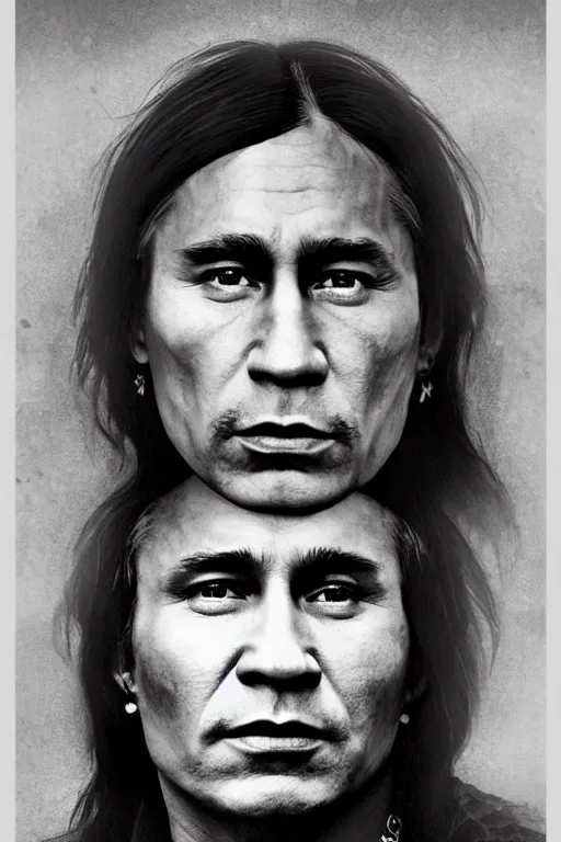 Prompt: Photo of Native American indian man Vladimir Putin, portrait, skilled warrior of the Apache, ancient, realistic, detailed, Emma Watson