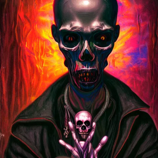 Image similar to a death tarot featuring a haitian voodoo priest with menacing eyes, blacklight neon colors, by anton semenov and android jones in cyberpunk voodoo style, oil on canvas, 8k