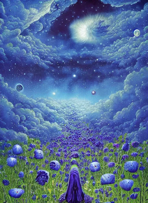 Image similar to detailed, intricate blue black and purple papaverum flower on the field, nebula, galaxy in the sky, winning award masterpiece, fantastically beautiful, illustration, aestheticly inspired, jacek yerka, upscale with anguissola sofonisba work, artstation, 8 k