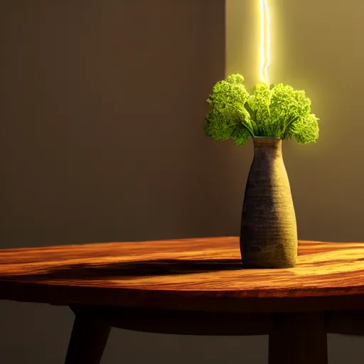 Prompt: a large vase sitting on top of a wooden table, medieval concept art, cinematic lightning and colors, featured on cg society, photorealism, vray tracing, rendered in unreal engine, photorealistic, vegetables on table and candle, dark lightning, contrast shadows