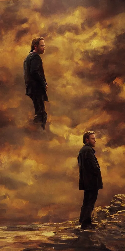 Image similar to we see ewan mcgregor from side. atmospheric feeling, warm colours, brown colours, yellow colours, epic scene, cinematic, very detailed, oil painting