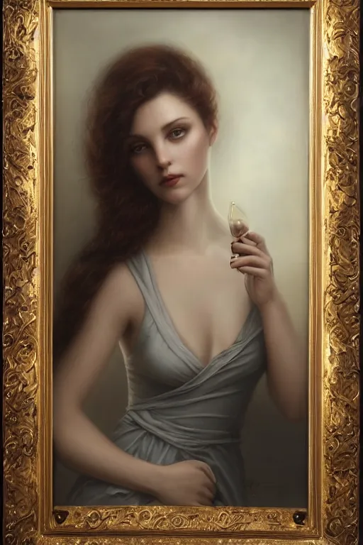 Prompt: a stunning ultra realistic fine art painting of a beautiful female wine expert, peaceful and graceful, by tom bagshaw, studio portrait, muted colors, melancholic, catchlight in the eyes, 4K