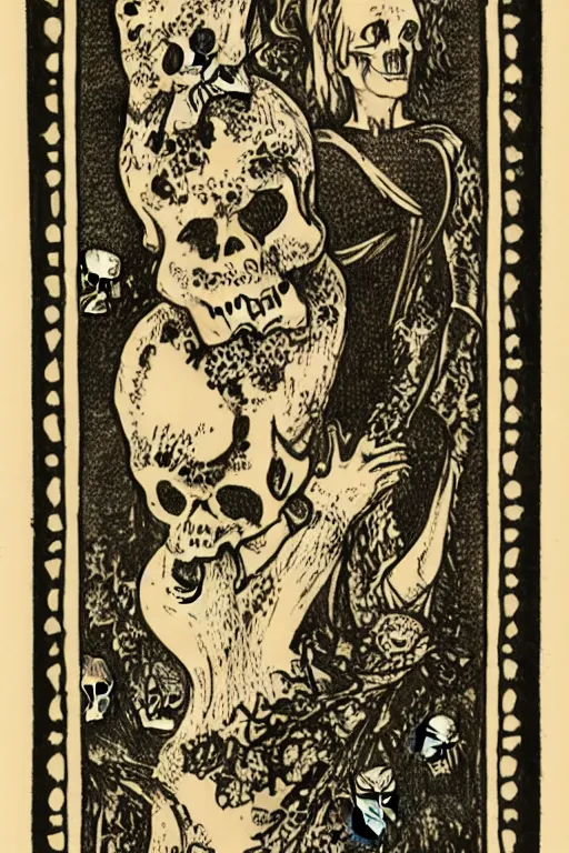 Prompt: tarot card of several skulls and bones with a young woman wearing a long dress stuck in the middle