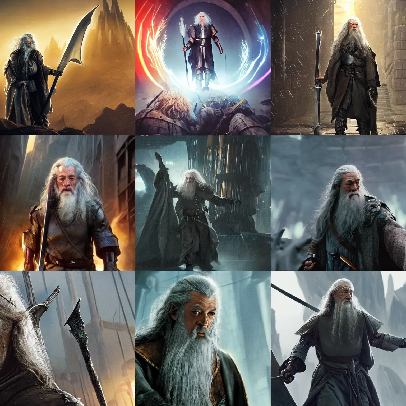 Prompt: cyberpunk gandalf, charging into the battle of Helm's Deep