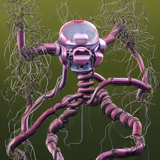 Image similar to enokitake growing out of a robots head, ultra detailed, highly detailed, 8 k, trending on artstation, award - winning art,