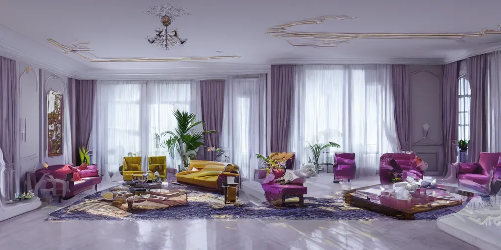 Prompt: colourful minimalistic royal interior design living room, big open floor, 3 d render v - ray photo realistic, 8 k