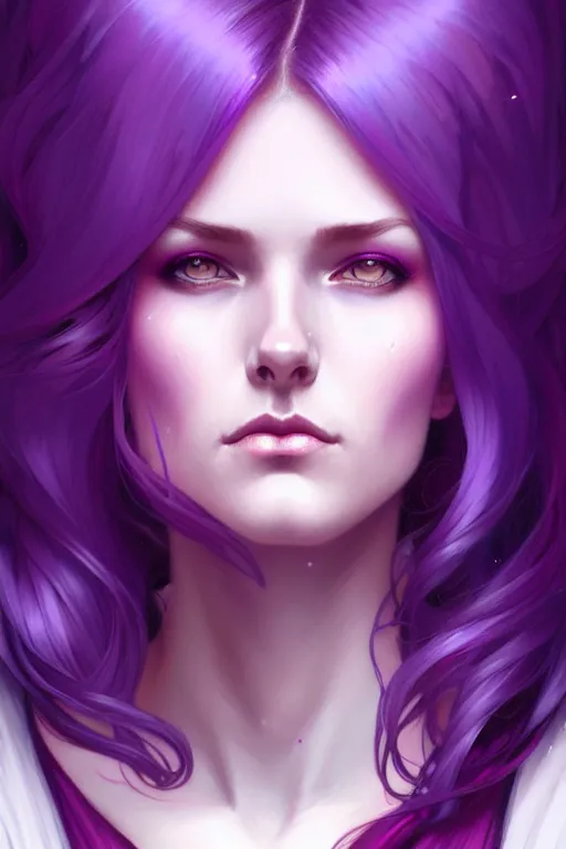 Image similar to Purple hair, creative colouring Portrait of woman, fashion, intricate, elegant, highly detailed, digital painting, artstation, concept art, smooth, sharp focus, illustration, art by artgerm and greg rutkowski and alphonse mucha