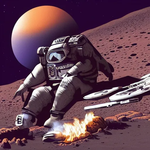 Image similar to portrait of an overweight depressed teenager with emo haircut wearing gothy purple and black spandex suit, sitting next to smashed burning spacecraft wreckage, on the orange surface of mars, highly detailed, dramatic lighting, photorealistic, cinematic