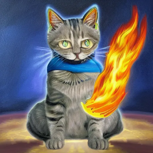 Prompt: An oil painting of cat wizard wearing blue robes casting a fire spell, digital art