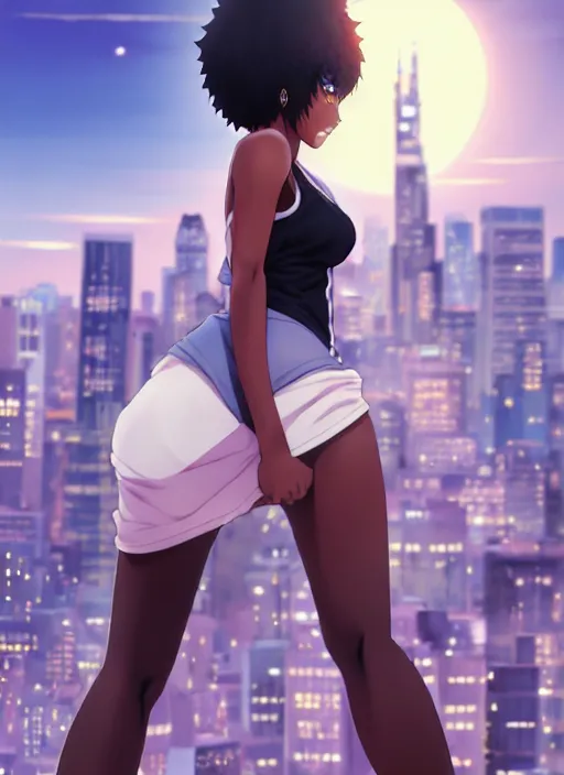 Prompt: beautiful city black woman only, anime style only, shy personality, scenery wallpaper aesthetic, pastel colors only, symmetrical face and full body, cinematic, dramatic, super detailed and intricate, hyper realistic, 4 k render, by artgerm, by kyoung hwan kim, by ralph mcquarrie, by yoshiyuki tomino