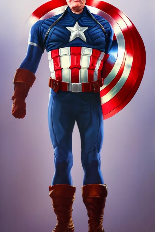 Image similar to hyperrealistic full body concept art of Donald Trump as Captain America, oil on canvas, in the style of J.C. Leyendecker, Ross Tran and WLOP, 4k, smooth, sharp focus, extremelydetailed