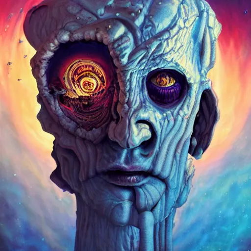 Image similar to full face close up portrait, sandman god of dreams wearing a melting skeleton mask, deliver me cosmic sight, by patrick woodroffe, by josip csoor, by laurie lipton, in the valley of the damned background, cinematic lighting, volumetric lighting, neosurrealism, realistic shadows, particle effects, rendered in octane, psychedelic, electric, cosmic, fantasy