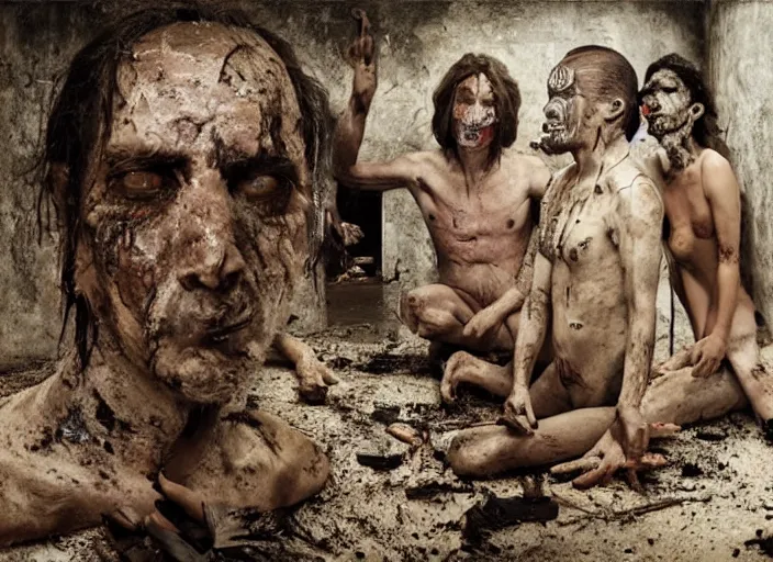 Image similar to sensual scene from art house film by alejandro jodorowsky, roger ballen : : surreal scene of an occult ritual in a picturesque outdoors setting : : mirrors, ashes, new guinea mud man, costumes, snakes, smoke, burned dolls : : close - up of the actors'faces : : technicolor, 8 k