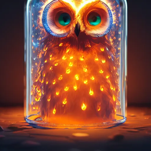 Prompt: a himalayan rocksalt lamp owl inside a glass jar, intricate detail, volumetric lighting, epic composition, hyper detailed, ultra realistic, sharp focus, octane render, ray tracing, sense of awe, blue moon