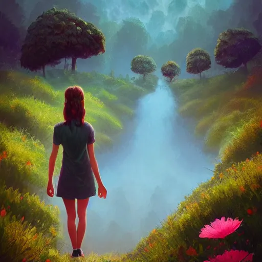 Image similar to giant carnation flower as a head, girl hiking in a lush valley, surreal photography, sunrise, dramatic light, impressionist painting, colorful clouds, digital painting, artstation, simon stalenhag