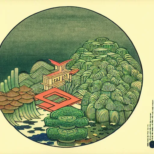 Prompt: 3 d isometric botanical illustration of a small city in a circular island surrounded by water, diego rivera in ukiyo - e style variation 1, hd