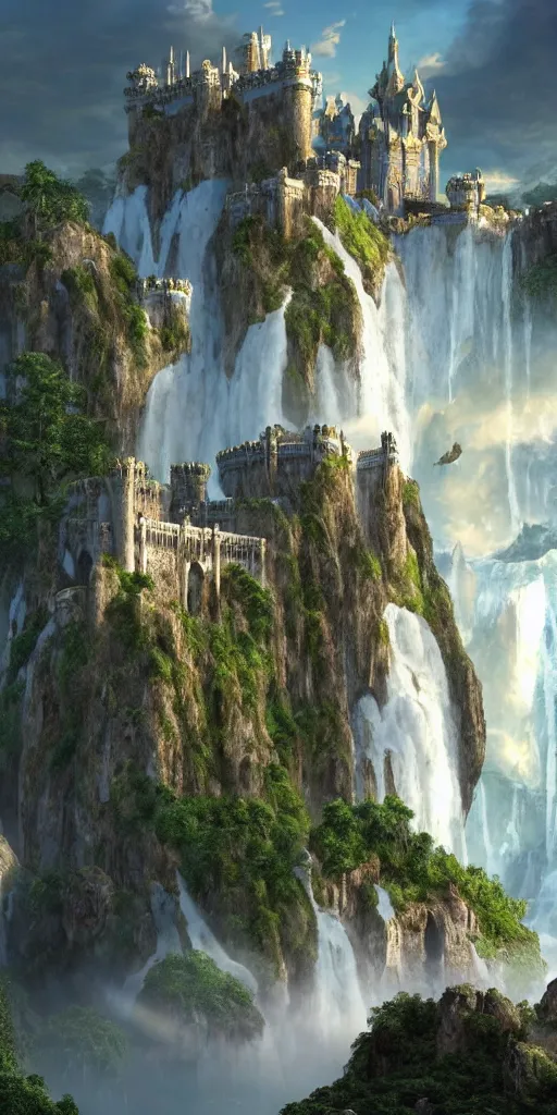 Image similar to a beautiful fantasy landscape of a large majestic castle adorned with gold linings and white marble walls from DND with lots of towers bridges and levels on top of a lush cliff with a huge waterfalls in the middle, ruins of structures at the bottom, afternoon light streaking with god rays, Dungeons and Dragons Castle, ornate, detailed, octane render, 8k, trending on artstation deviantart google images, pinterest, canon 35mm lens