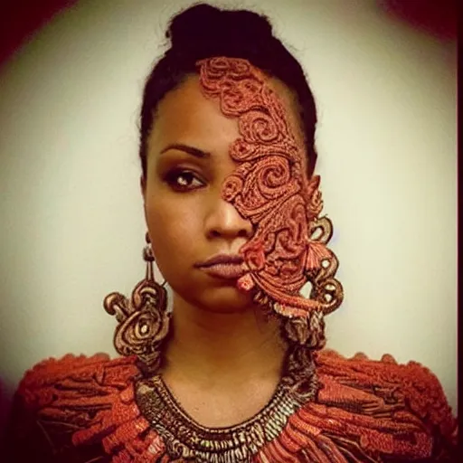 Image similar to “ a brown woman wearing coral armor. super detailed. intricate. award winning. ”