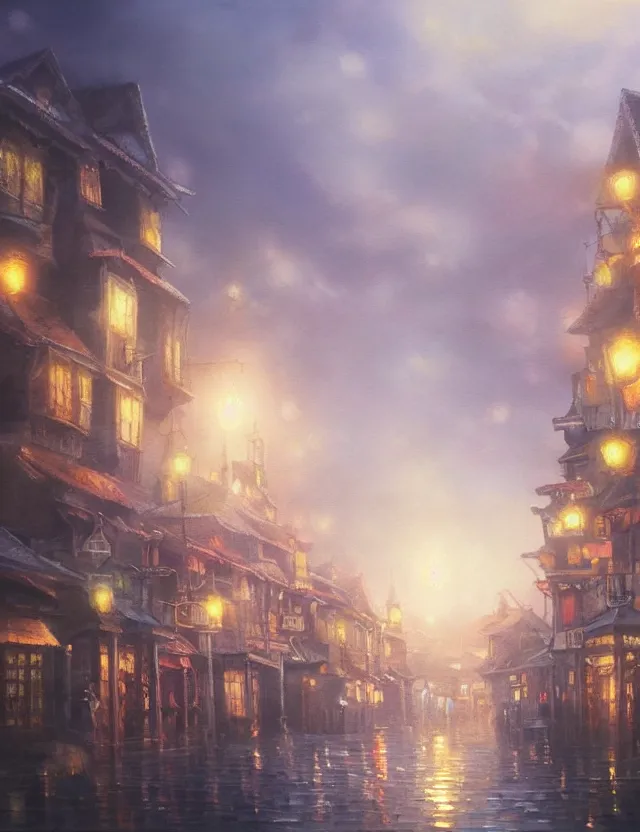 Prompt: town floating in the air on a misty morning. oil painting by award - winning mangaka. backlighting, chiaroscuro, intricate details, depth of field, luminescent colors.